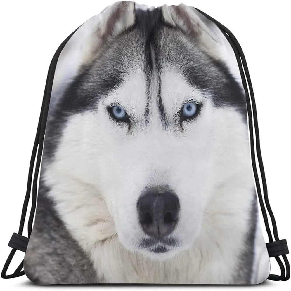 Husky Dog Drawstring Bags Backpack Bag Grey Wolf Winter Alpha Male Timber Wolf Face Blue Eyes Wild Animal Sport Gym Sack Drawstring Bag String Bag Yoga Bag for Men Women