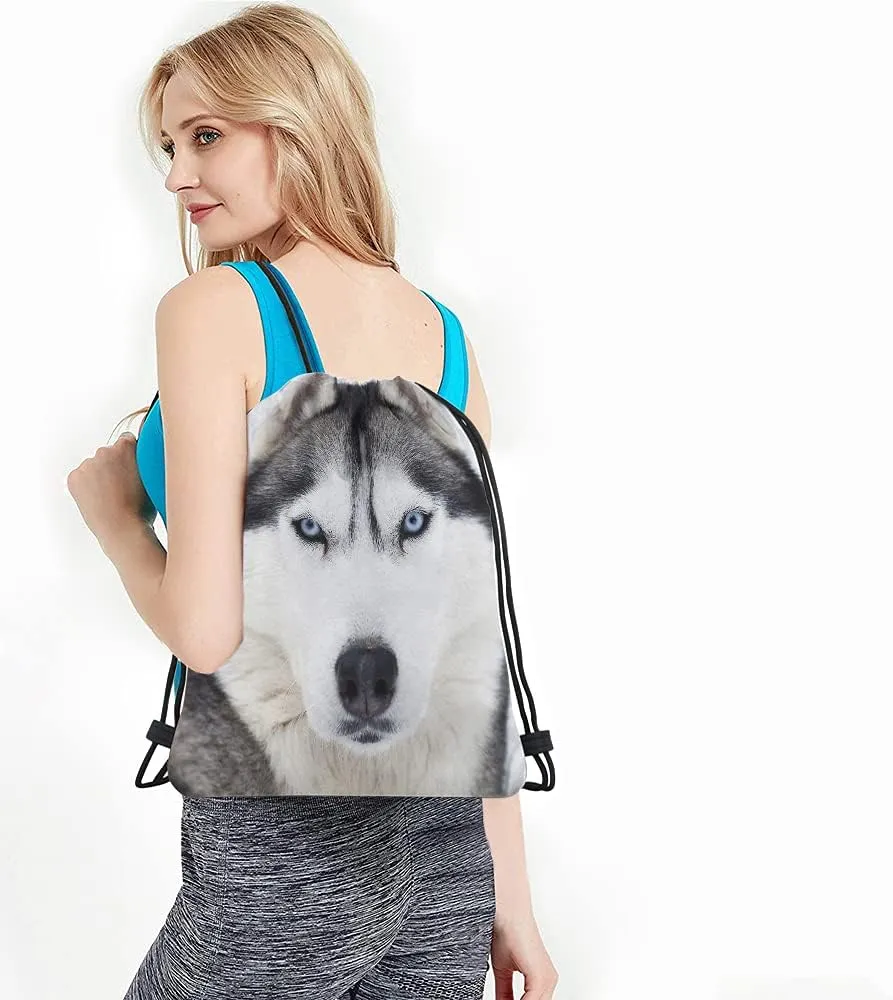 Husky Dog Drawstring Bags Backpack Bag Grey Wolf Winter Alpha Male Timber Wolf Face Blue Eyes Wild Animal Sport Gym Sack Drawstring Bag String Bag Yoga Bag for Men Women