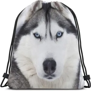 Husky Dog Drawstring Bags Backpack Bag Grey Wolf Winter Alpha Male Timber Wolf Face Blue Eyes Wild Animal Sport Gym Sack Drawstring Bag String Bag Yoga Bag for Men Women