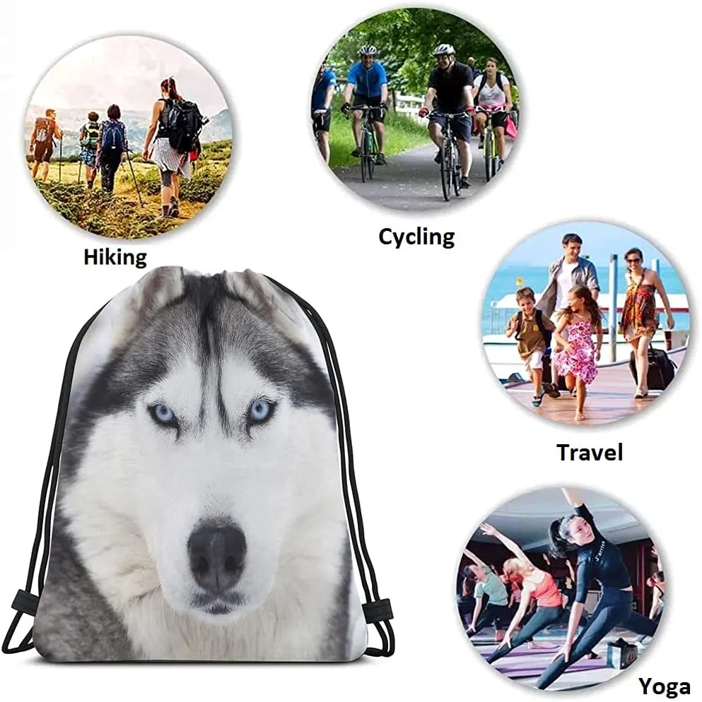 Husky Dog Drawstring Bags Backpack Bag Grey Wolf Winter Alpha Male Timber Wolf Face Blue Eyes Wild Animal Sport Gym Sack Drawstring Bag String Bag Yoga Bag for Men Women