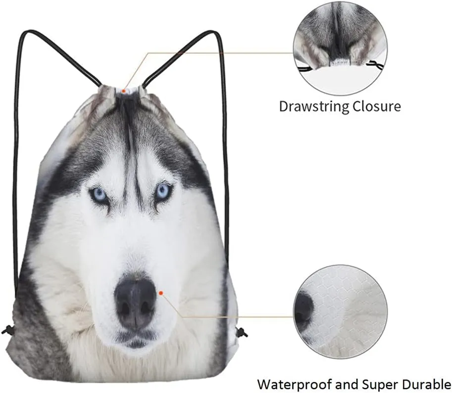 Husky Dog Drawstring Bags Backpack Bag Grey Wolf Winter Alpha Male Timber Wolf Face Blue Eyes Wild Animal Sport Gym Sack Drawstring Bag String Bag Yoga Bag for Men Women