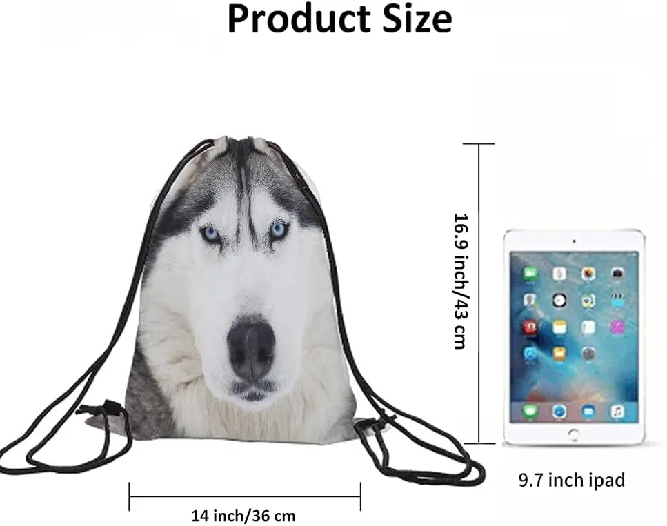 Husky Dog Drawstring Bags Backpack Bag Grey Wolf Winter Alpha Male Timber Wolf Face Blue Eyes Wild Animal Sport Gym Sack Drawstring Bag String Bag Yoga Bag for Men Women