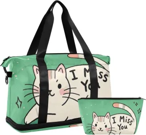 I Miss You Cartoon Cute White Cat Personal Item Travel Bag Travel Overnight Carry on Bag with Toiletry Bag for Trip Waterproof