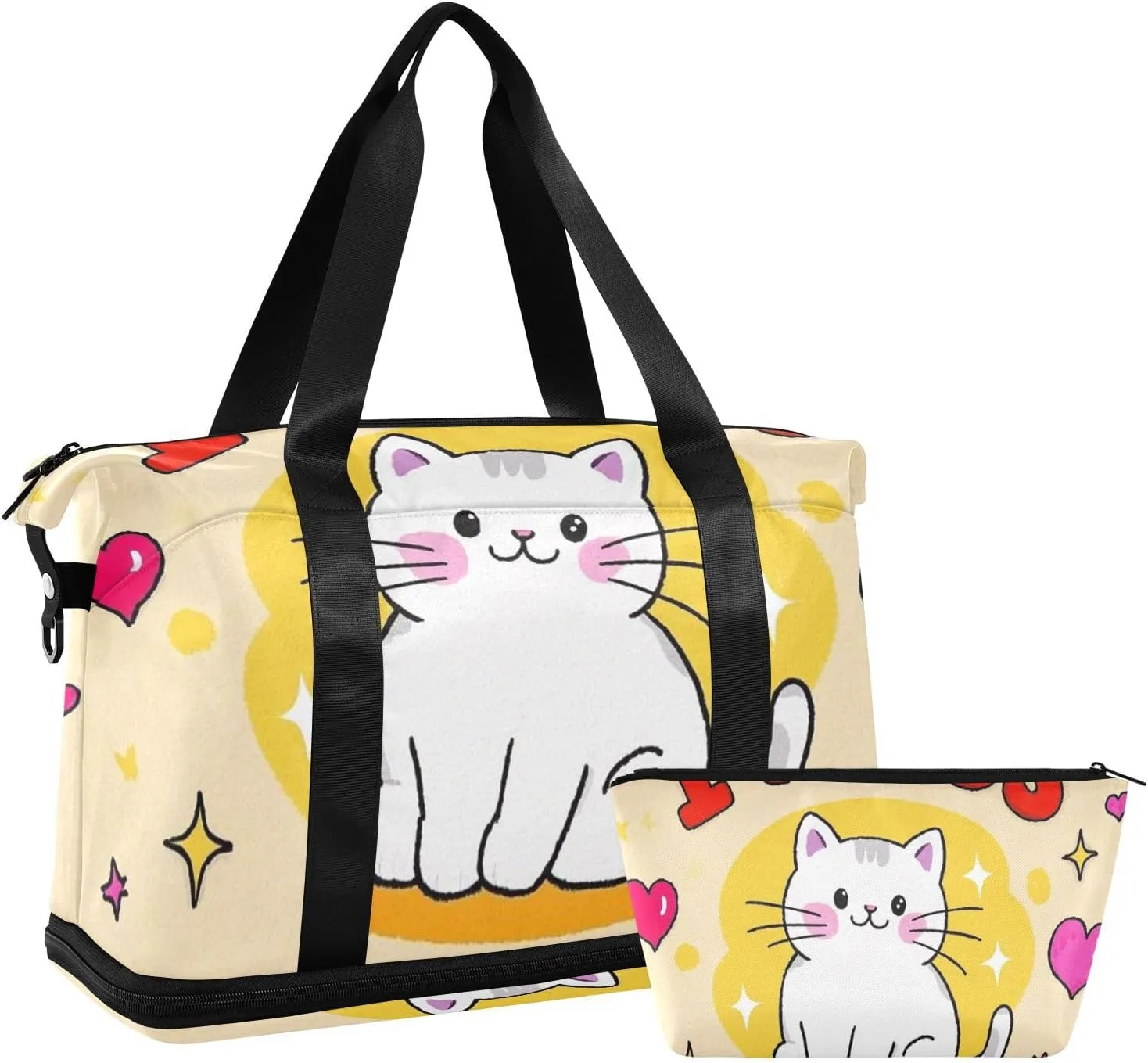 I Miss You Cartoon Cute White Cat Travel Duffel Bags Travel Overnight Carry on Bag with Toiletry Bag for Workout 2 Pcs Set