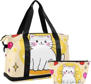 I Miss You Cartoon Cute White Cat Travel Duffel Bags Travel Overnight Carry on Bag with Toiletry Bag for Workout 2 Pcs Set