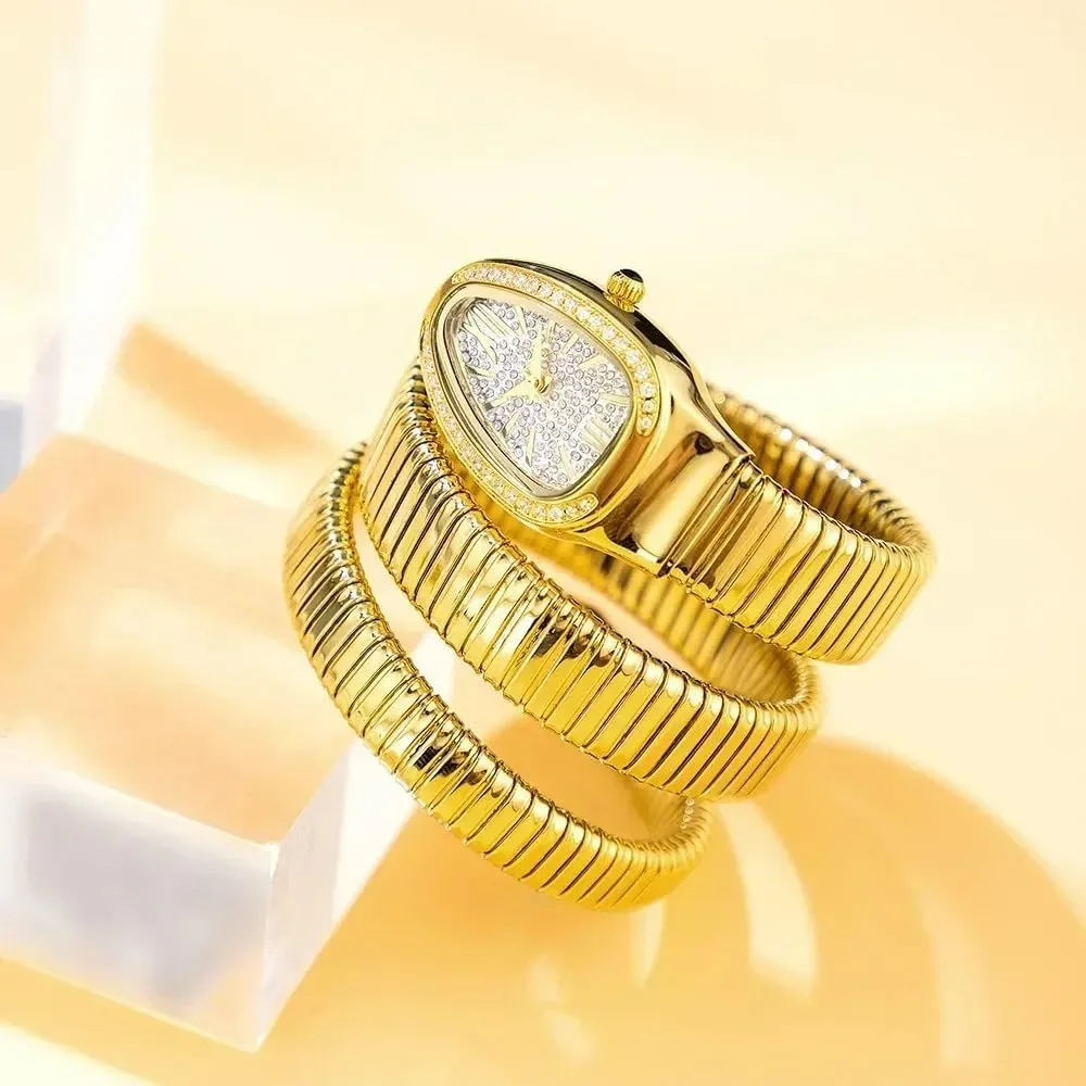 Iced Out Snake Bracelet Fashion Women's Watch Gold Steel Wrapped Strap Quartz Watches Women Casual Ladies Wristwatch