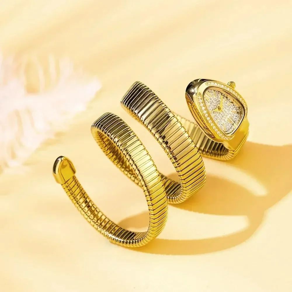 Iced Out Snake Bracelet Fashion Women's Watch Gold Steel Wrapped Strap Quartz Watches Women Casual Ladies Wristwatch