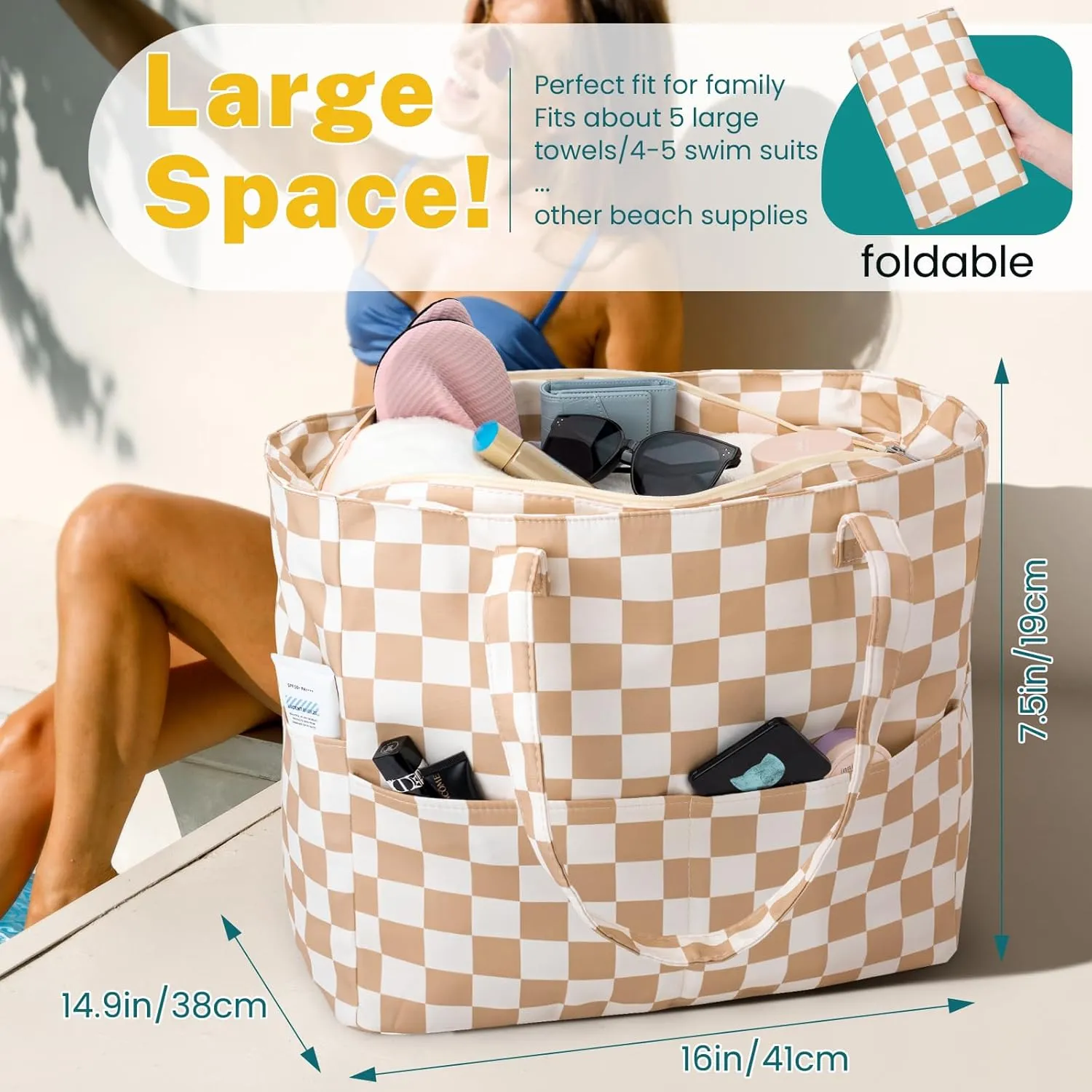 Iioscre Beach Bag for Women, Large Beach Tote Bag with Zipper Pockets, Waterproof Sandproof Swim Bag Pool Vacation Travel