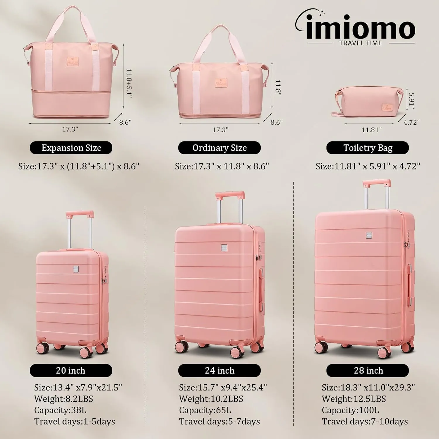 imiomo 28 IN Large Luggage, Suitcase with Spinner Wheels, Hardside 3PCS Set Lightweight Rolling Travel Luggage with TSA Lock(28"/Pink)