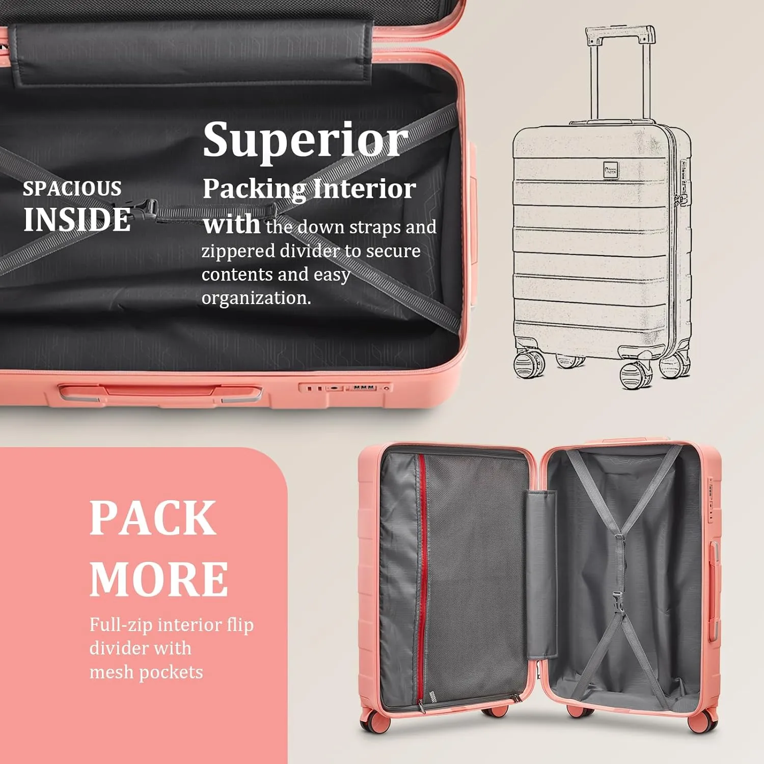 imiomo 28 IN Large Luggage, Suitcase with Spinner Wheels, Hardside 3PCS Set Lightweight Rolling Travel Luggage with TSA Lock(28"/Pink)
