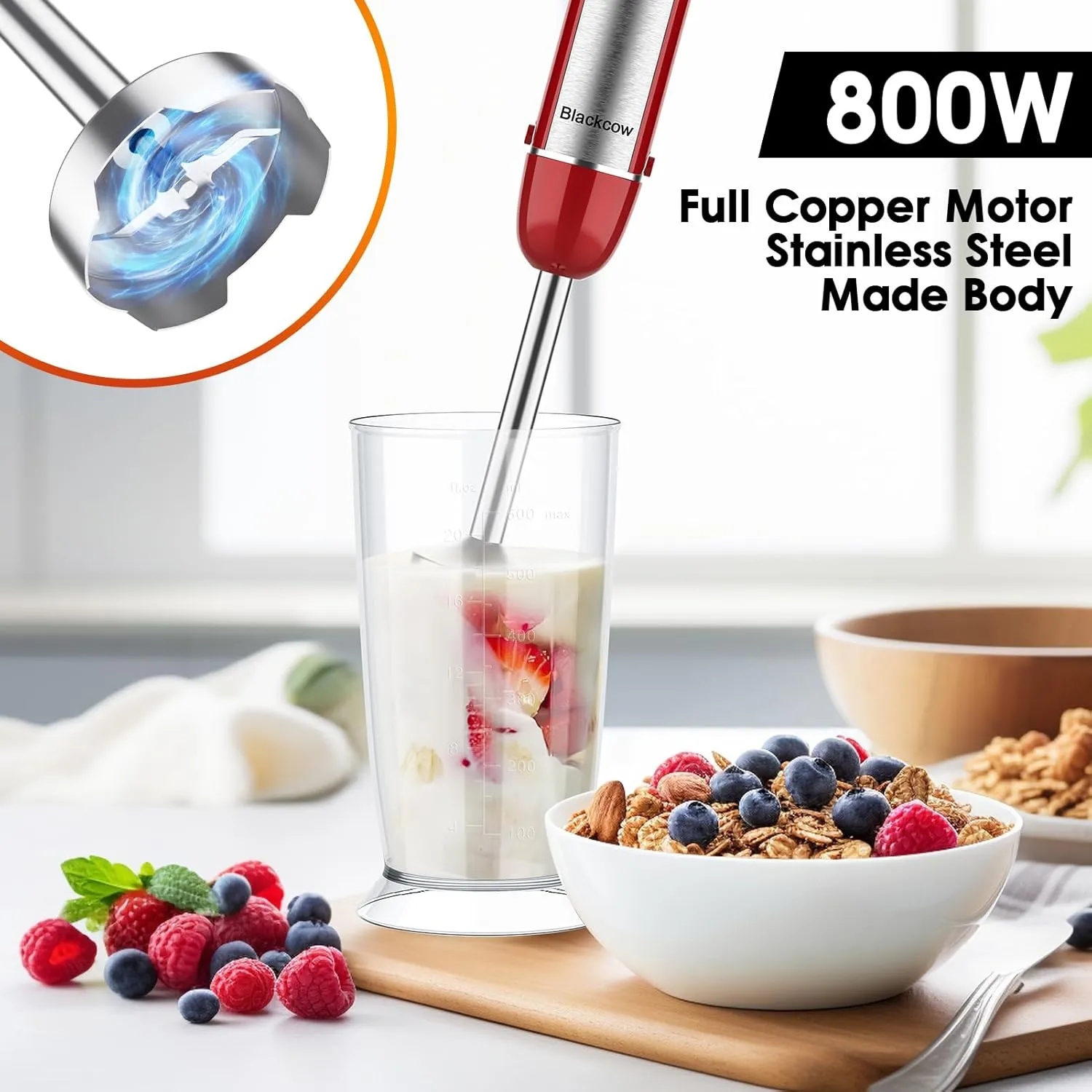 Immersion Blender Handheld for Kitchen,Emulsion Blender Handheld,6 Speed Electric Hand Mixer with BPA Free Attachments:Chopper Bowl,Whisk,Milk Frother,Measuring Cup