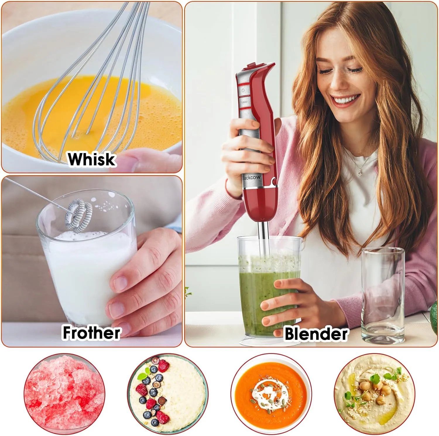 Immersion Blender Handheld for Kitchen,Emulsion Blender Handheld,6 Speed Electric Hand Mixer with BPA Free Attachments:Chopper Bowl,Whisk,Milk Frother,Measuring Cup