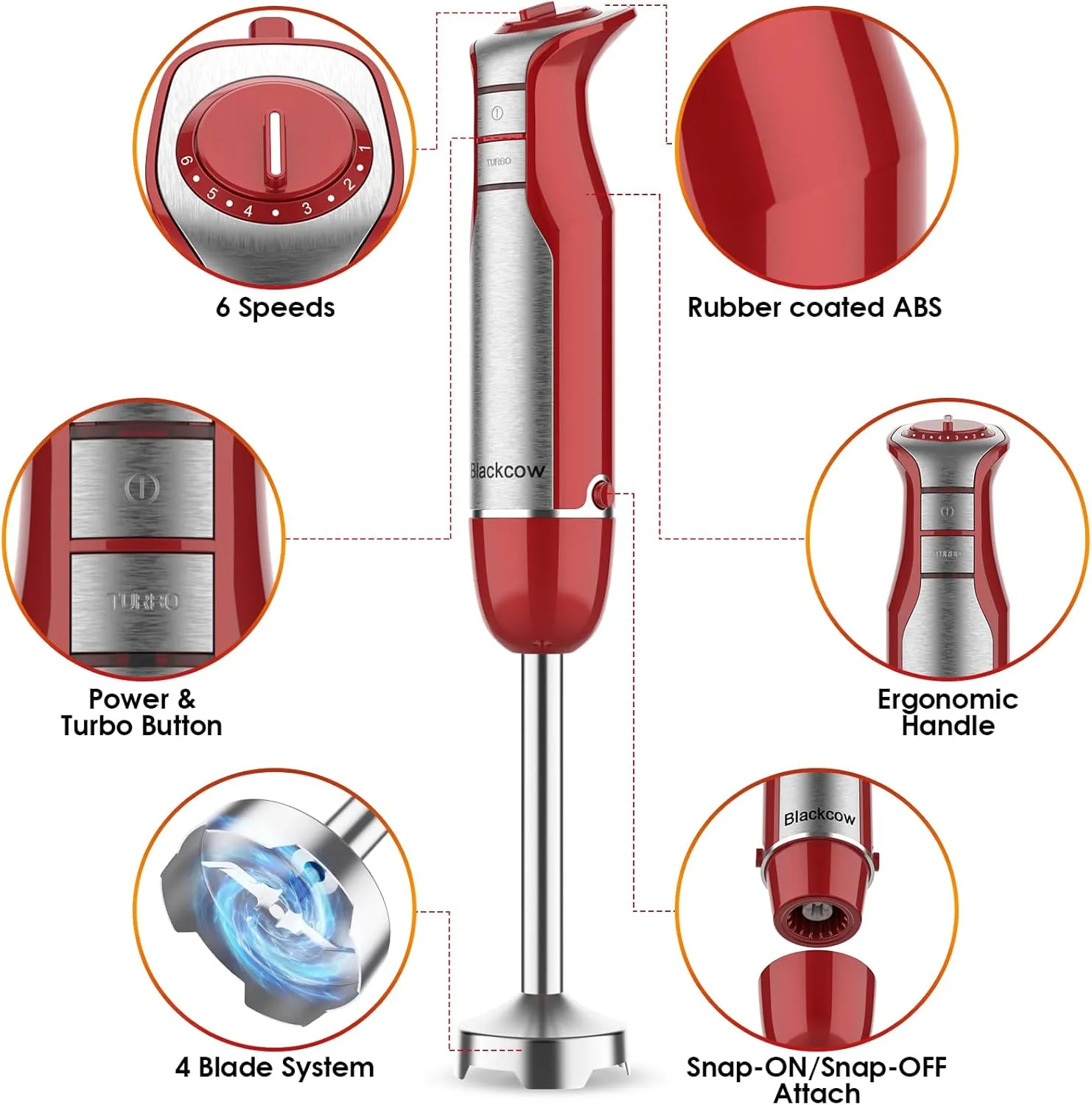 Immersion Blender Handheld for Kitchen,Emulsion Blender Handheld,6 Speed Electric Hand Mixer with BPA Free Attachments:Chopper Bowl,Whisk,Milk Frother,Measuring Cup