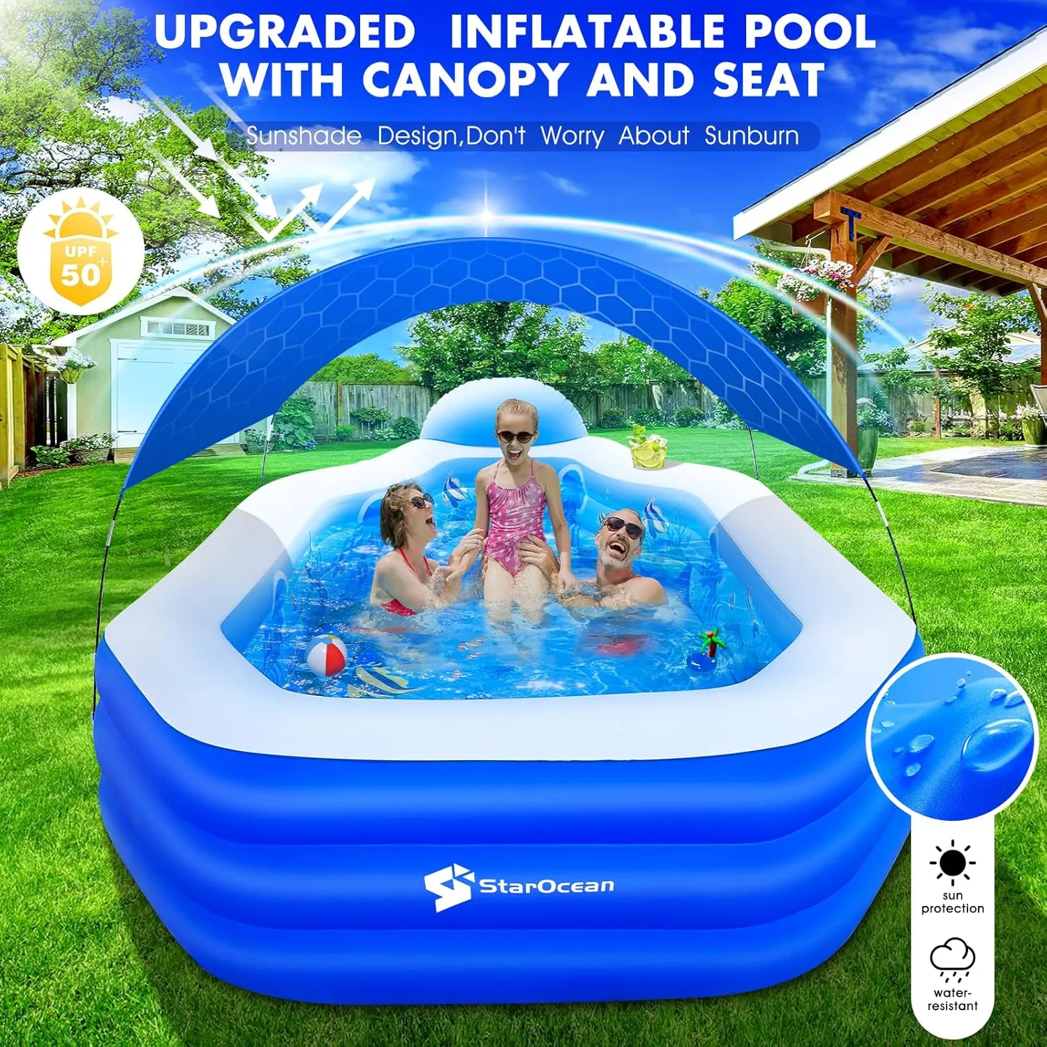 Inflatable Pool with Canopy,Large Inflatable Swimming Pool for Kids,Adult,Blowup Pool with Seats,Backrest.Durable Thickened 125"x75"x25"Inflatable Family Pools for Backyard-Dark Blue
