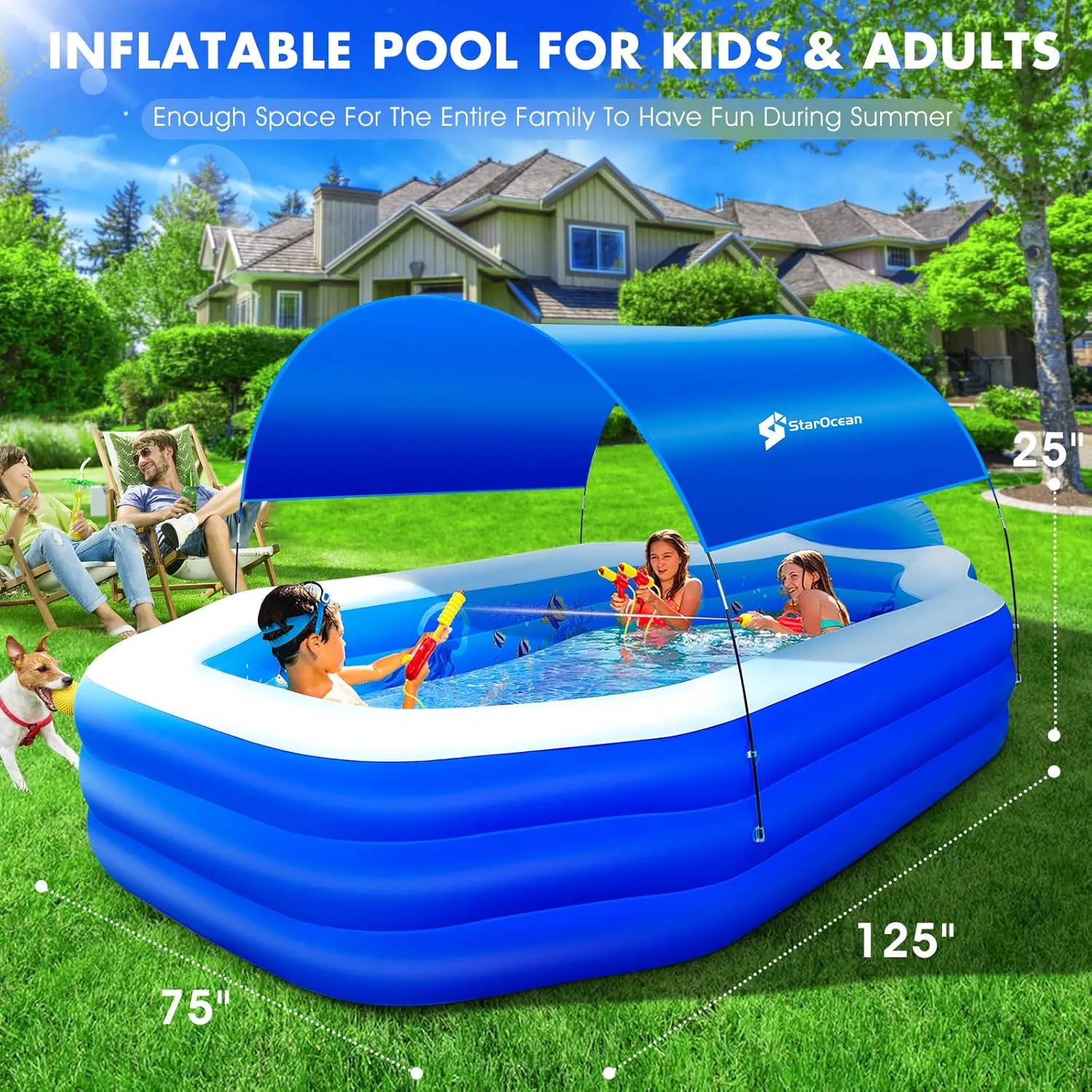 Inflatable Pool with Canopy,Large Inflatable Swimming Pool for Kids,Adult,Blowup Pool with Seats,Backrest.Durable Thickened 125"x75"x25"Inflatable Family Pools for Backyard-Dark Blue