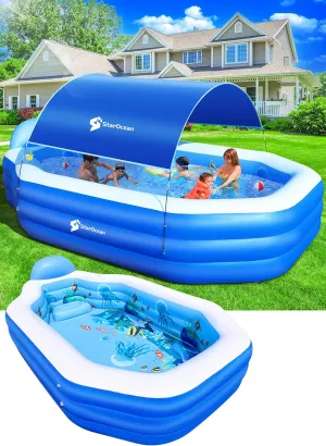 Inflatable Pool with Canopy,Large Inflatable Swimming Pool for Kids,Adult,Blowup Pool with Seats,Backrest.Durable Thickened 125"x75"x25"Inflatable Family Pools for Backyard-Dark Blue