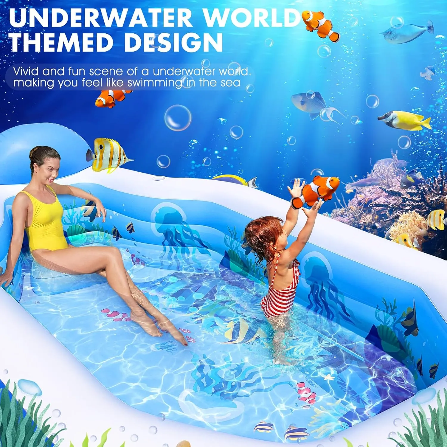 Inflatable Pool with Canopy,Large Inflatable Swimming Pool for Kids,Adult,Blowup Pool with Seats,Backrest.Durable Thickened 125"x75"x25"Inflatable Family Pools for Backyard-Dark Blue