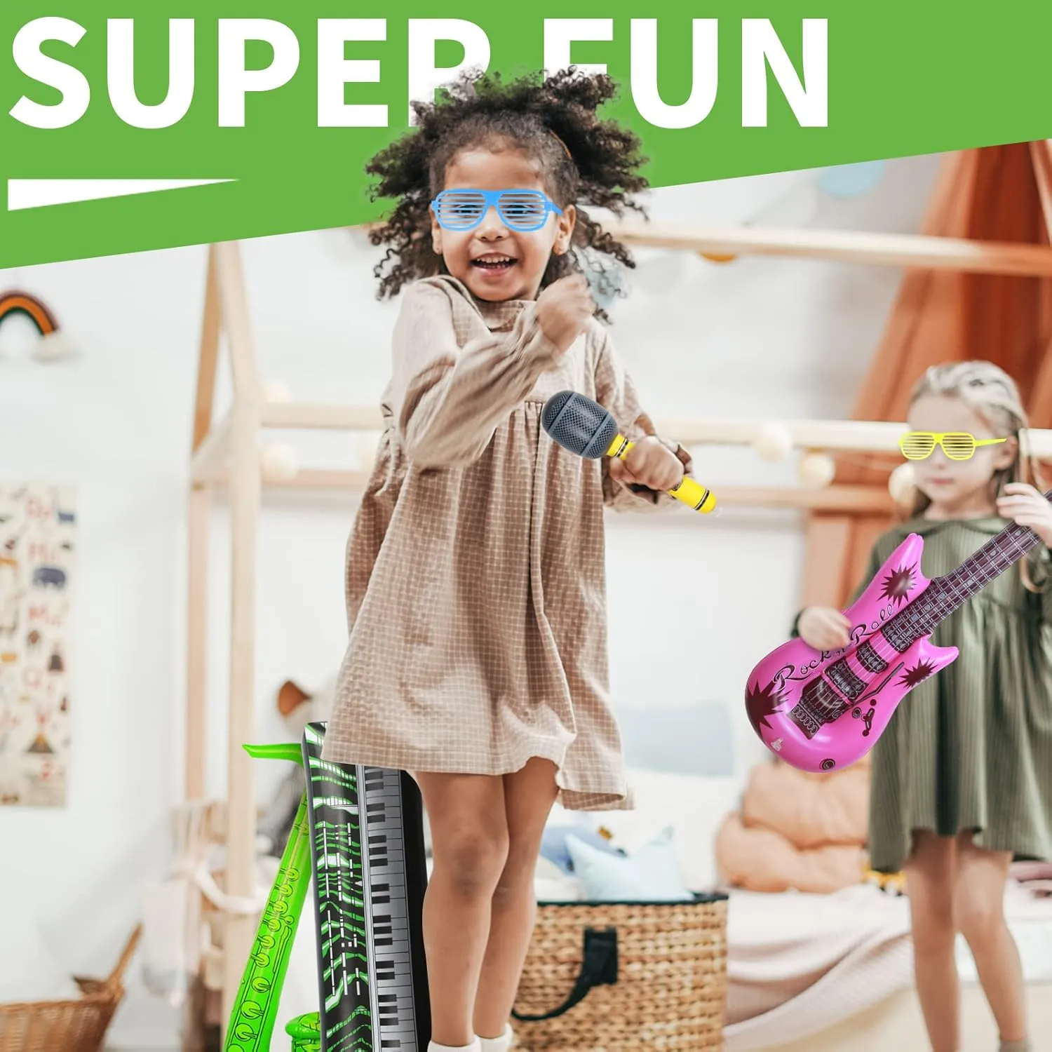 Inflatable Rock Star Toys Set Inflatable Guitar Microphone for 80's Party Decorations 90s Party Favors Hip Hop Inflatable Instruments Party Props Theme Party Supplies for Kids & Adults 17Pack