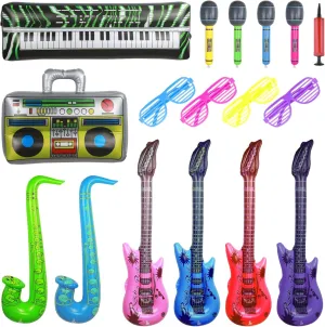 Inflatable Rock Star Toys Set Inflatable Guitar Microphone for 80's Party Decorations 90s Party Favors Hip Hop Inflatable Instruments Party Props Theme Party Supplies for Kids & Adults 17Pack