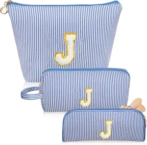 Initials Makeup Bag Set, Personalized Blue Cosmetic Bag, Cute Large Make up Bags, Travel Toiletry Bag for Women Girl Gifts J (Blue)