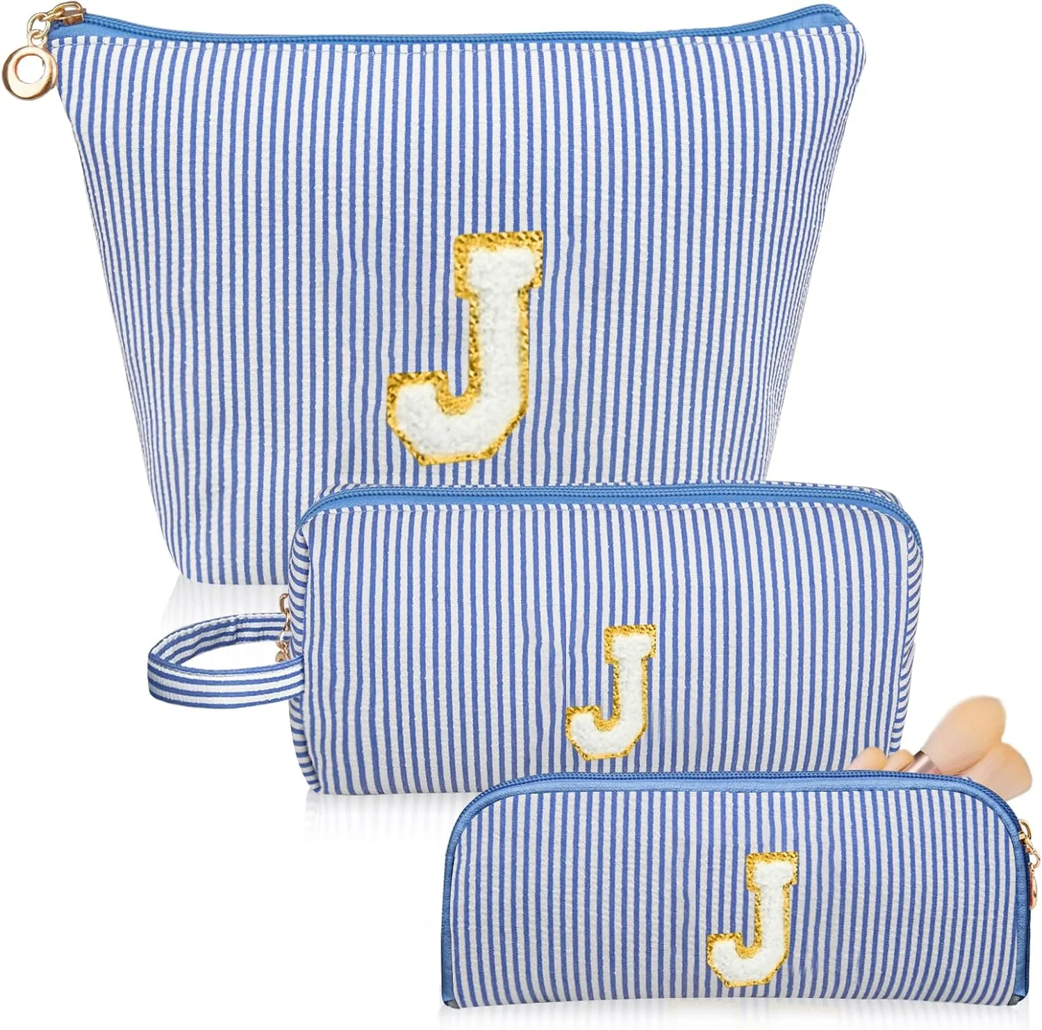 Initials Makeup Bag Set, Personalized Blue Cosmetic Bag, Cute Large Make up Bags, Travel Toiletry Bag for Women Girl Gifts J (Blue)