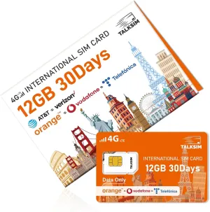 International Data SIM Card 12GB 30Days, 5G/4G LTE Coverage in USA and 49 Countries |UK, Europe, Asia, Oceania Prepaid Travel Data Only SIM for Portable WiFi Mobile Hotspot, Tablet, No Contract