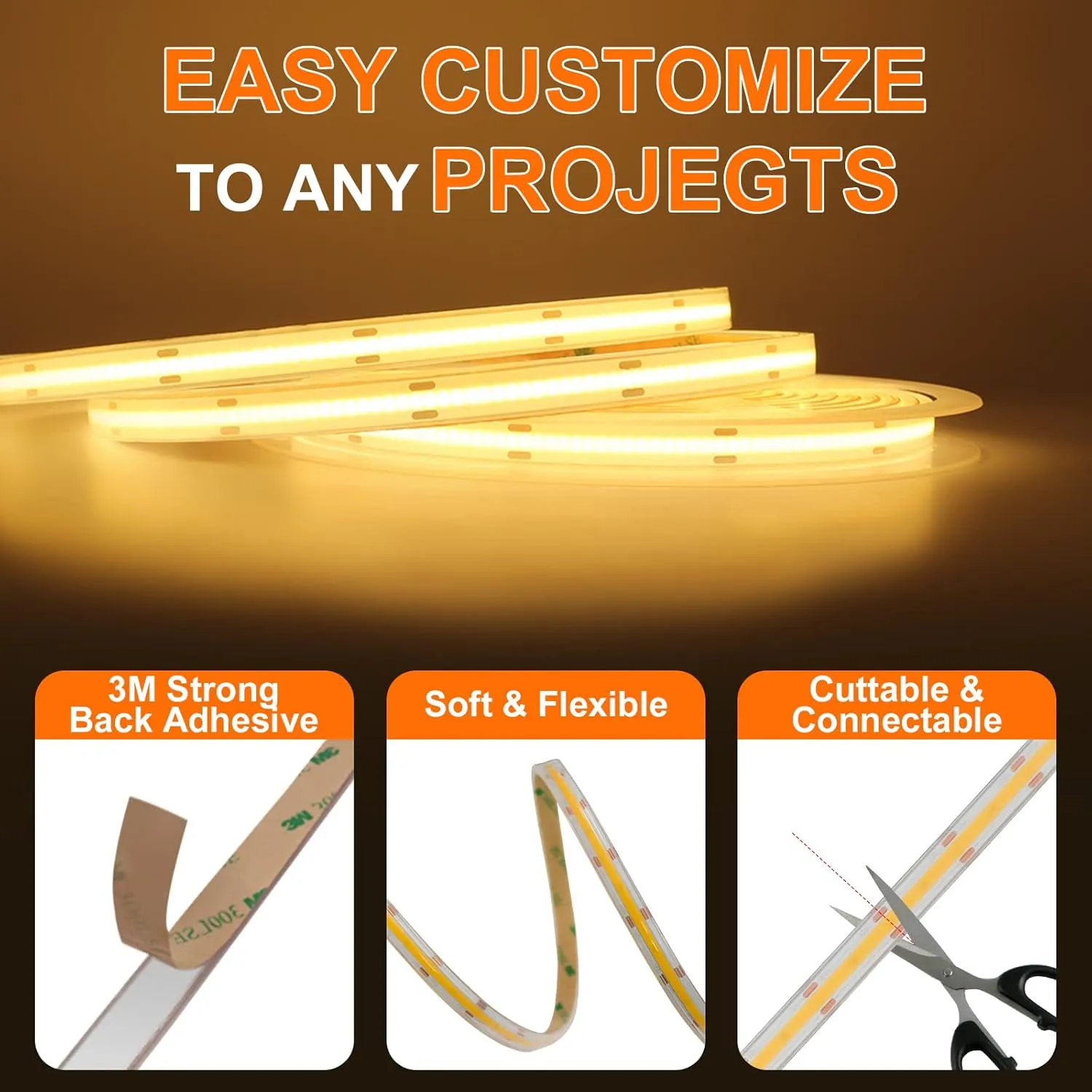 IP68 Waterproof COB LED Strip,16.4FT 12V 6000K LED Tape Light CRI>90 480LEDs/m for Outdoor Bathroom Swimming Pool Decoration (Without Power Supply)