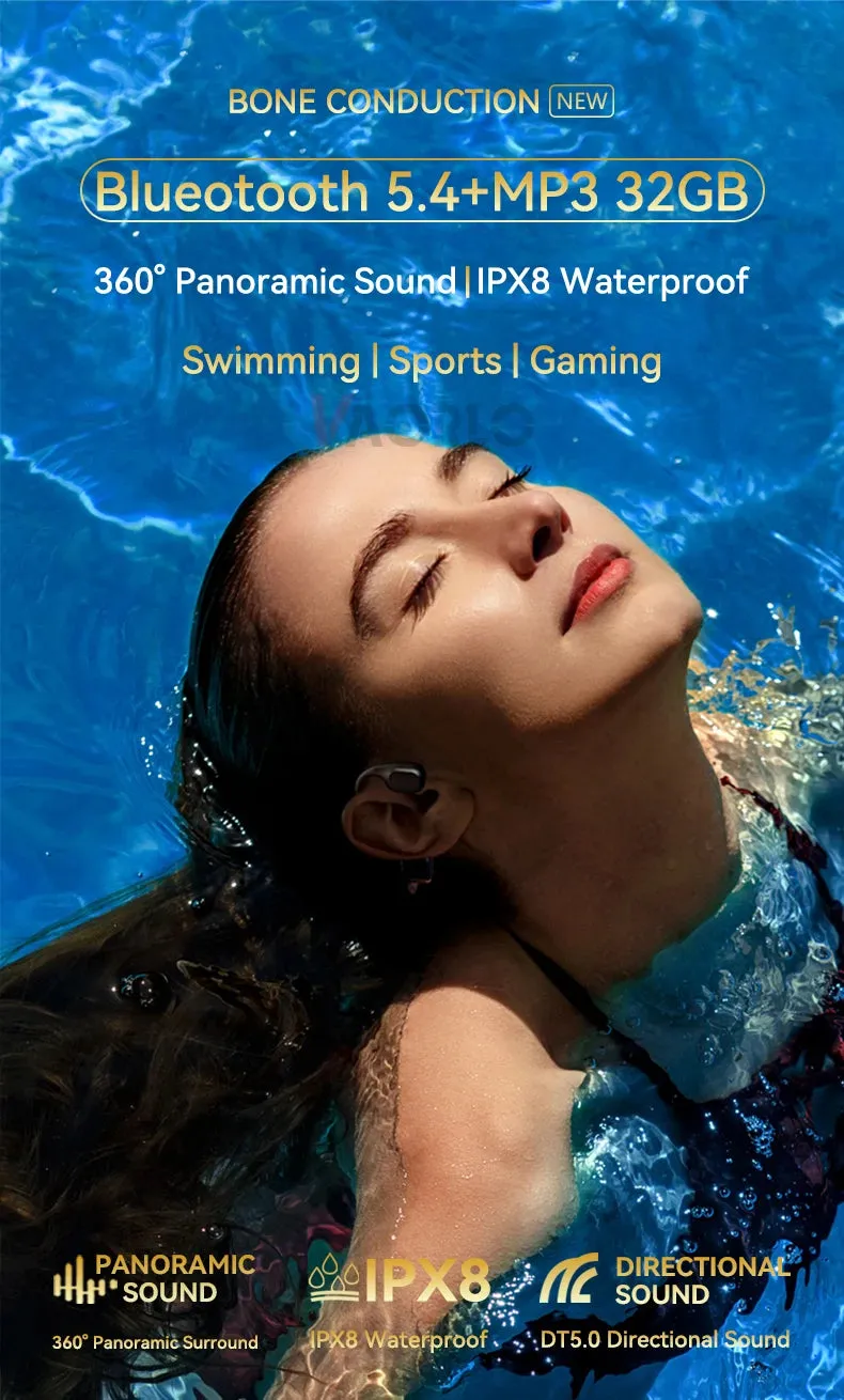 #IPX8 Waterproof Bone Conduction Wireless Headphone Bluetooth 5.4 32GB RAM MP3 Player HIFI Music Sport Swimming Headset With Mic