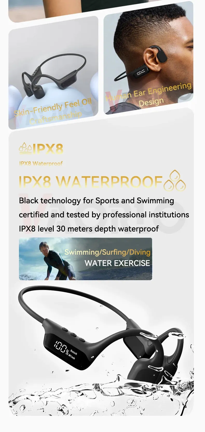 #IPX8 Waterproof Bone Conduction Wireless Headphone Bluetooth 5.4 32GB RAM MP3 Player HIFI Music Sport Swimming Headset With Mic