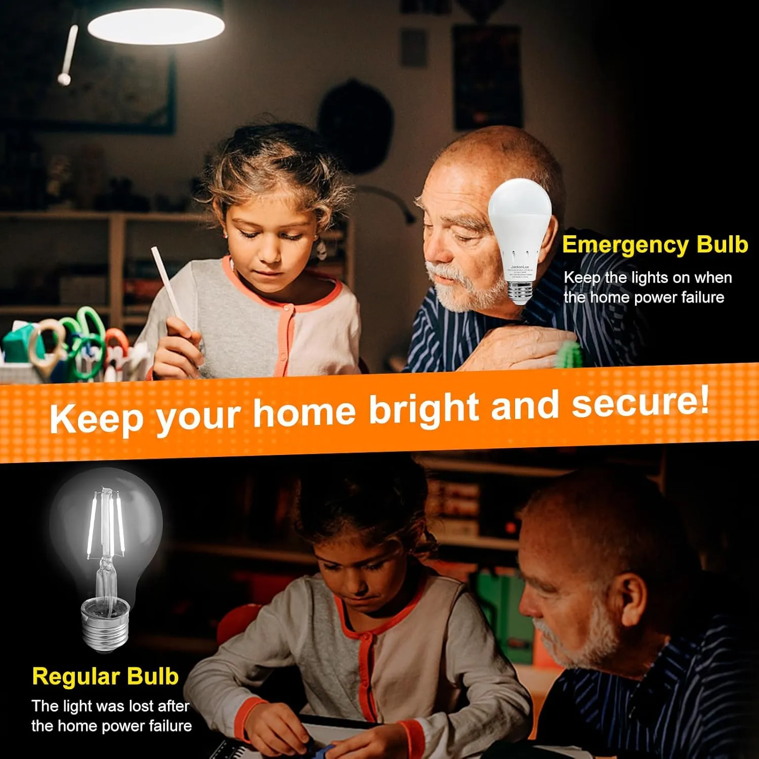 JackonLux Rechargeable Emergency LED Bulb Multi-Function Battery Backup Light for Power Outage Camping Outdoor Activity Hurricane 9W 800LM 60W Equivalent Daylight 5000K E26 120 Volt 2 Pack