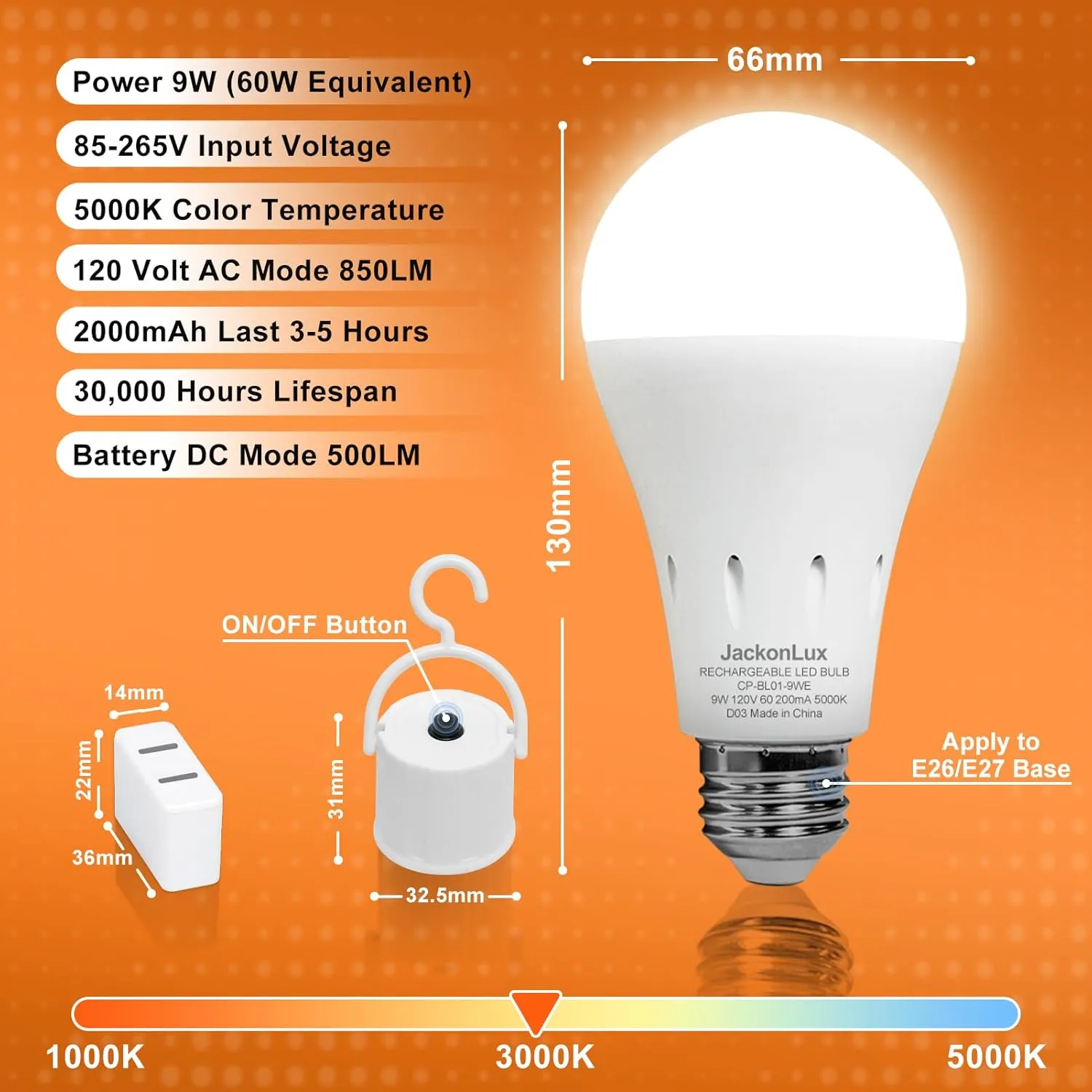 JackonLux Rechargeable Emergency LED Bulb Multi-Function Battery Backup Light for Power Outage Camping Outdoor Activity Hurricane 9W 800LM 60W Equivalent Daylight 5000K E26 120 Volt 2 Pack