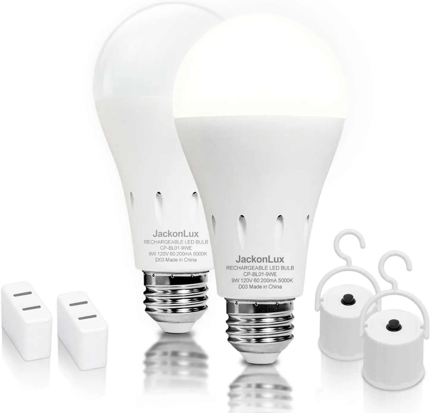 JackonLux Rechargeable Emergency LED Bulb Multi-Function Battery Backup Light for Power Outage Camping Outdoor Activity Hurricane 9W 800LM 60W Equivalent Daylight 5000K E26 120 Volt 2 Pack