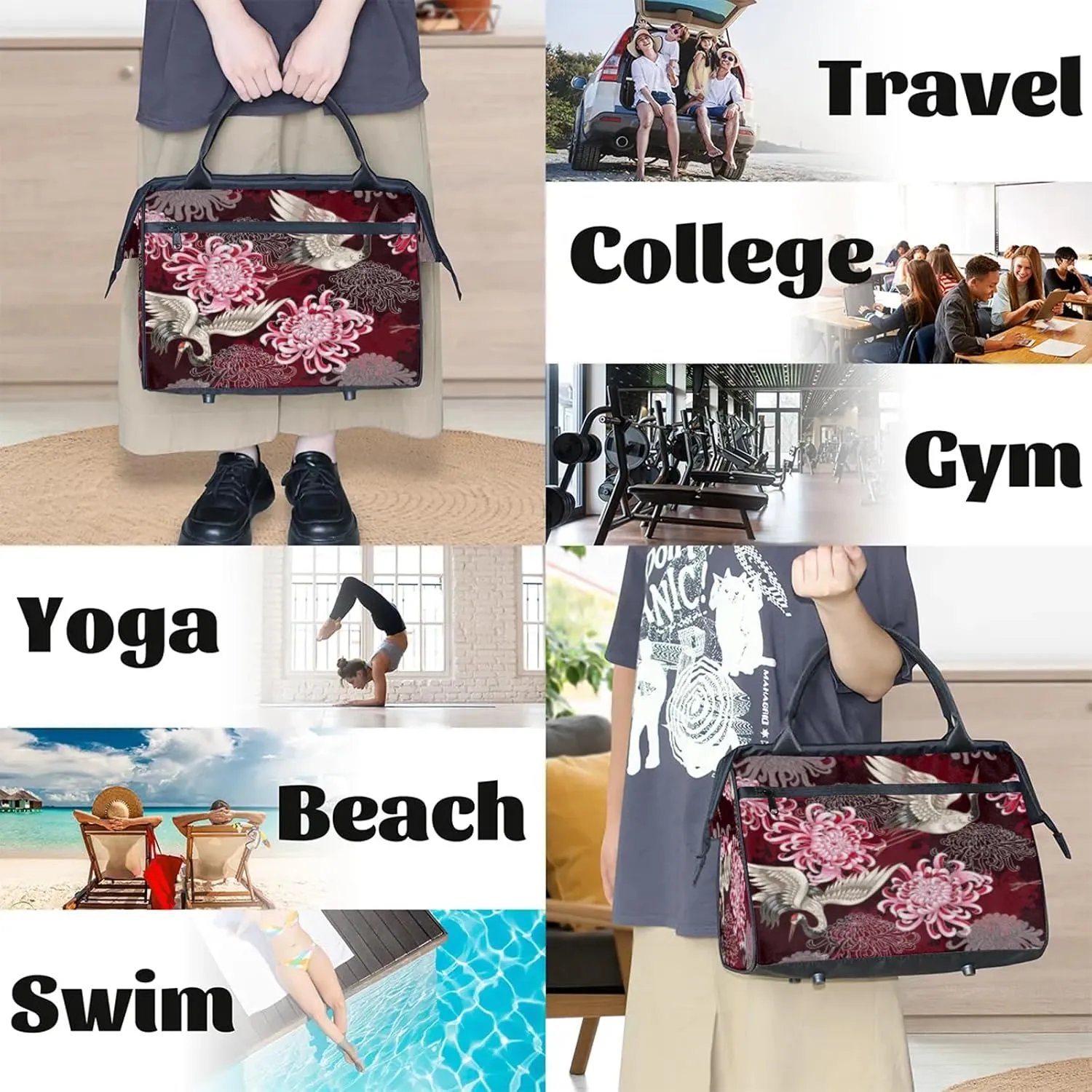 Japanese Flower Crane Large Travel Duffel Bag Gym Tote Bag for Women Men Waterproof Weekend Overnight Bag Carry On Tote Luggage with Pocket Personal Item Bags Sports Bag fit Travel Sports Gym Yoga