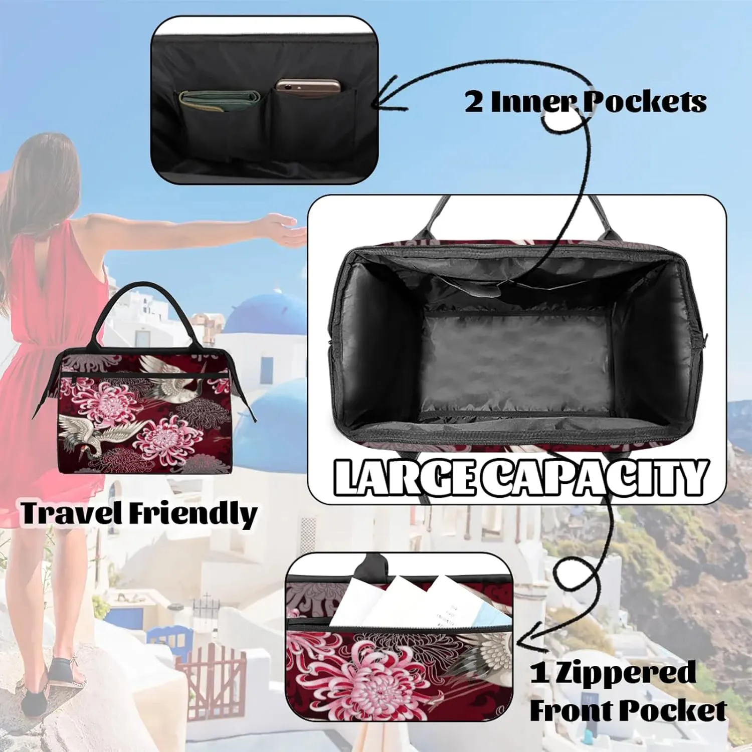 Japanese Flower Crane Large Travel Duffel Bag Gym Tote Bag for Women Men Waterproof Weekend Overnight Bag Carry On Tote Luggage with Pocket Personal Item Bags Sports Bag fit Travel Sports Gym Yoga