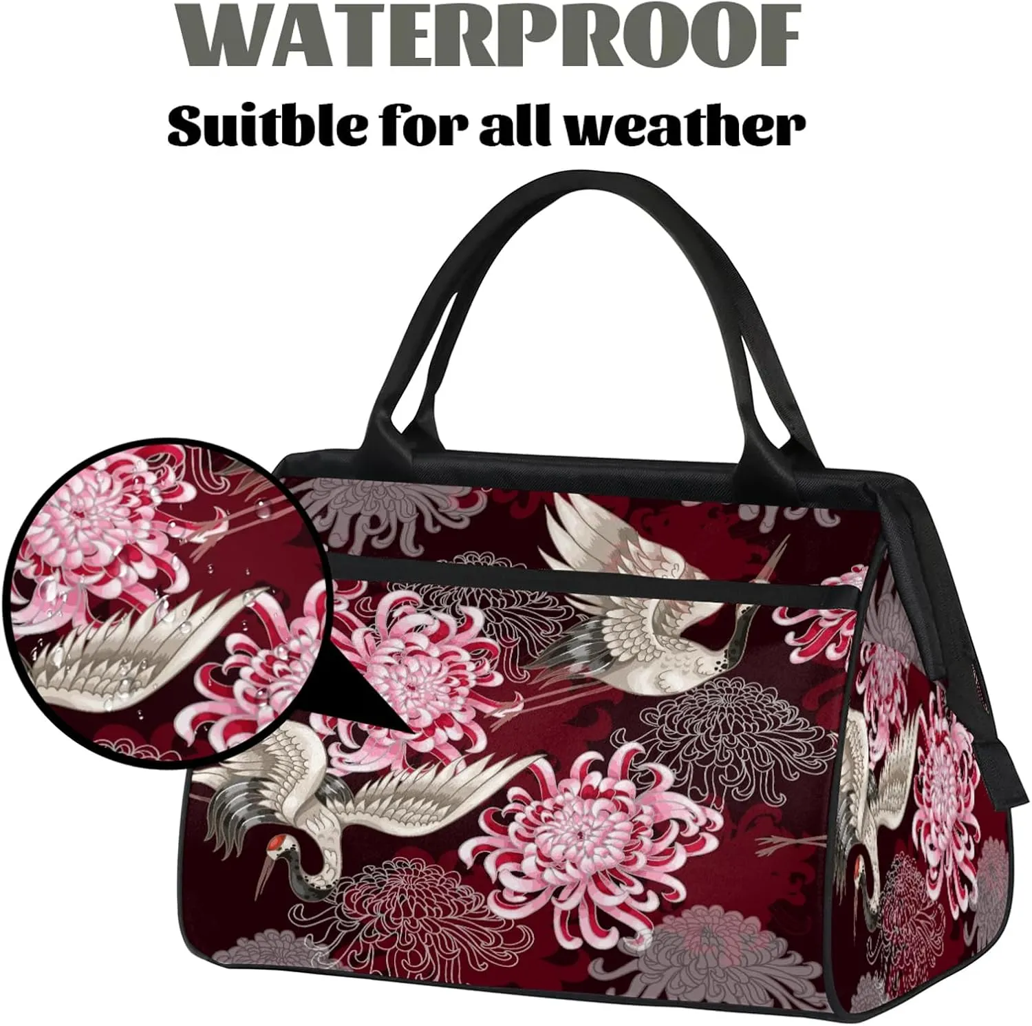 Japanese Flower Crane Large Travel Duffel Bag Gym Tote Bag for Women Men Waterproof Weekend Overnight Bag Carry On Tote Luggage with Pocket Personal Item Bags Sports Bag fit Travel Sports Gym Yoga