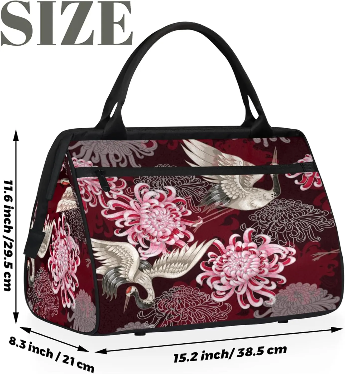 Japanese Flower Crane Large Travel Duffel Bag Gym Tote Bag for Women Men Waterproof Weekend Overnight Bag Carry On Tote Luggage with Pocket Personal Item Bags Sports Bag fit Travel Sports Gym Yoga