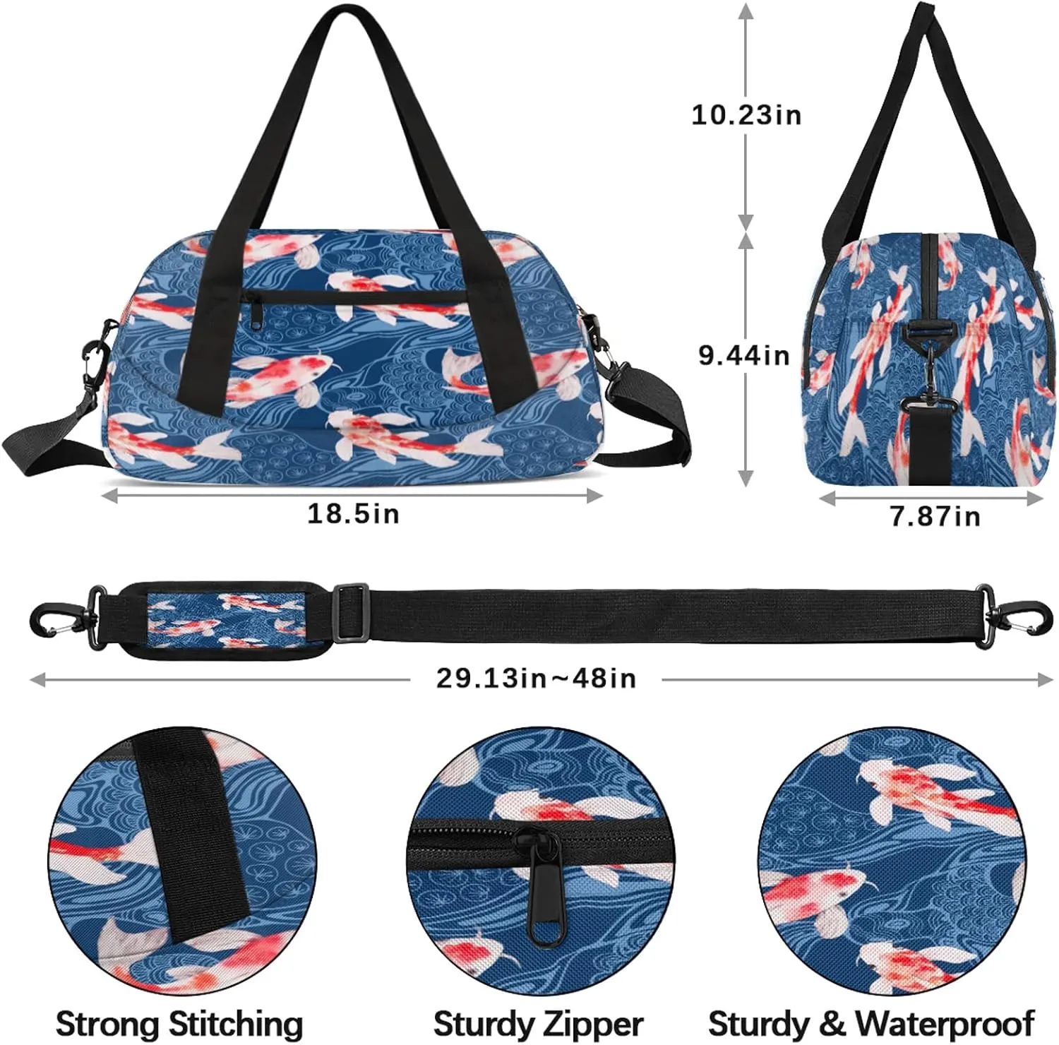 Japanese Koi Carps Kids Duffel Bag Lightweight Waterproof Sports Gym Bag with Front Zipper Pocket Foldable Weekender Overnight Bag for School Practice Gymnastic Ballet