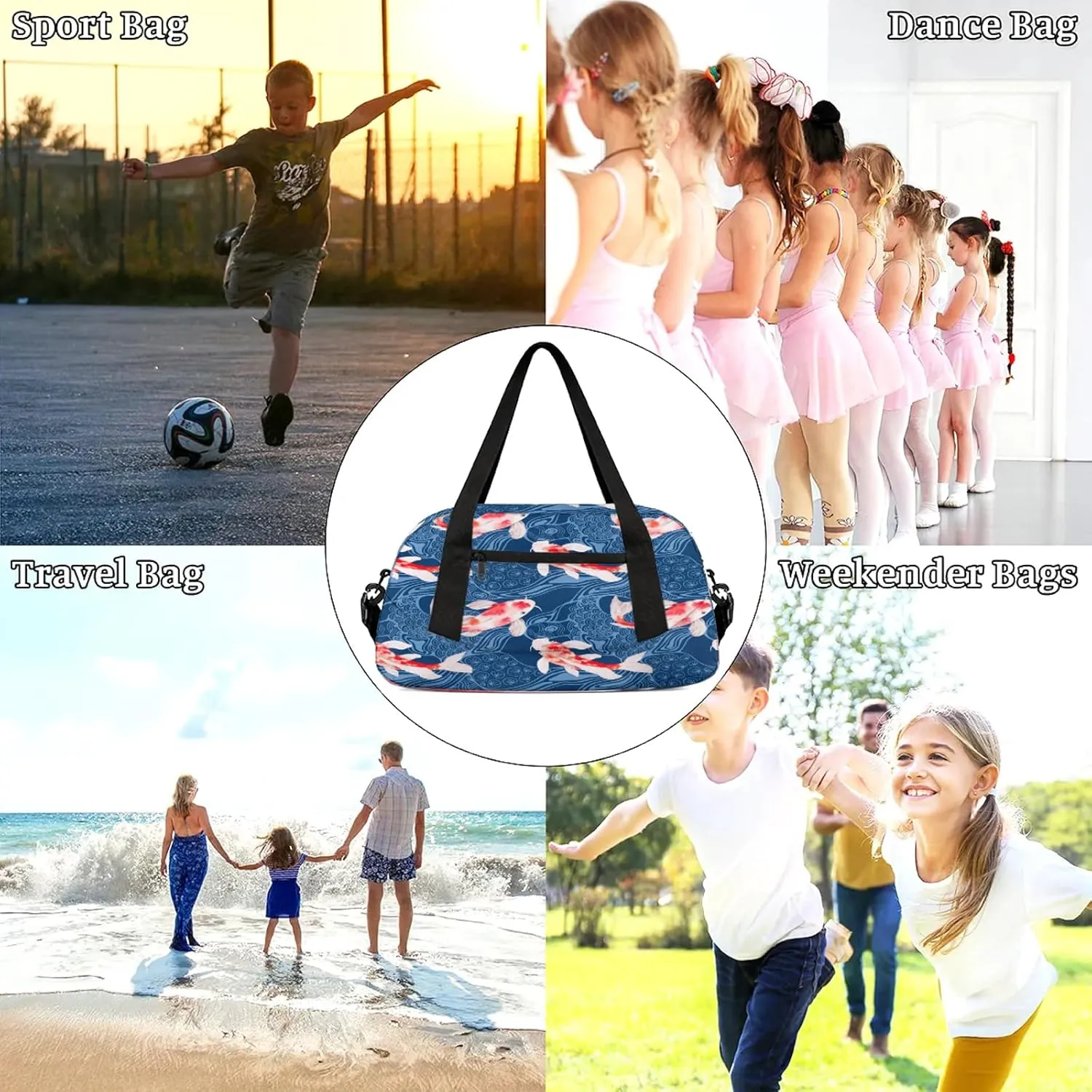 Japanese Koi Carps Kids Duffel Bag Lightweight Waterproof Sports Gym Bag with Front Zipper Pocket Foldable Weekender Overnight Bag for School Practice Gymnastic Ballet