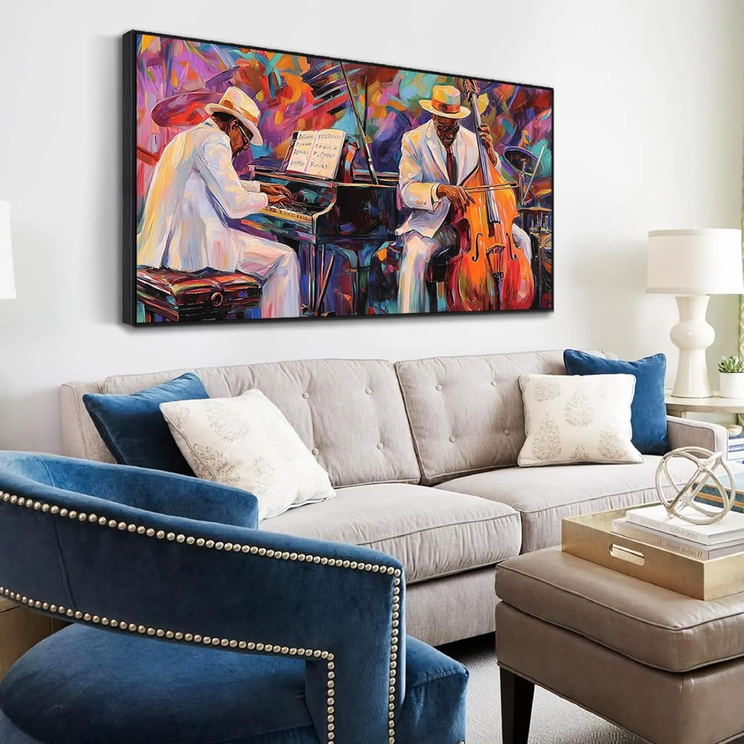 Jazz Canvas Wall Art, Abstract African Jazz Art Canvas Wall Art, Jazz Poster Canvas Print, Canvas Art Music, Jazz Club Painting, Big Canvas Wall Art Music, Music Wall Art, Music Artist Wall Decor (Gold Metal Framed, 62"x 31"| 160x80cm)