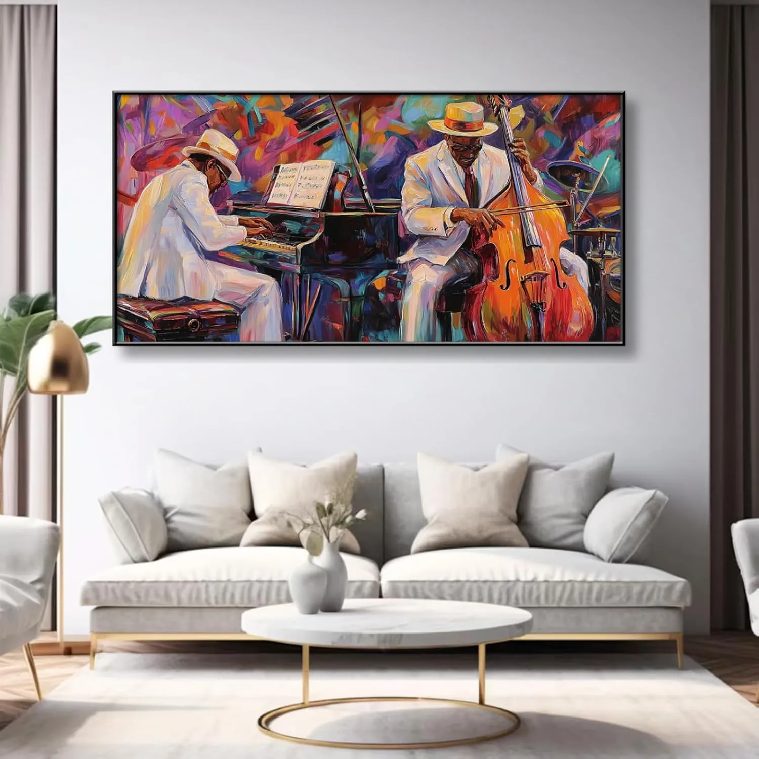 Jazz Canvas Wall Art, Abstract African Jazz Art Canvas Wall Art, Jazz Poster Canvas Print, Canvas Art Music, Jazz Club Painting, Big Canvas Wall Art Music, Music Wall Art, Music Artist Wall Decor (Gold Metal Framed, 62"x 31"| 160x80cm)