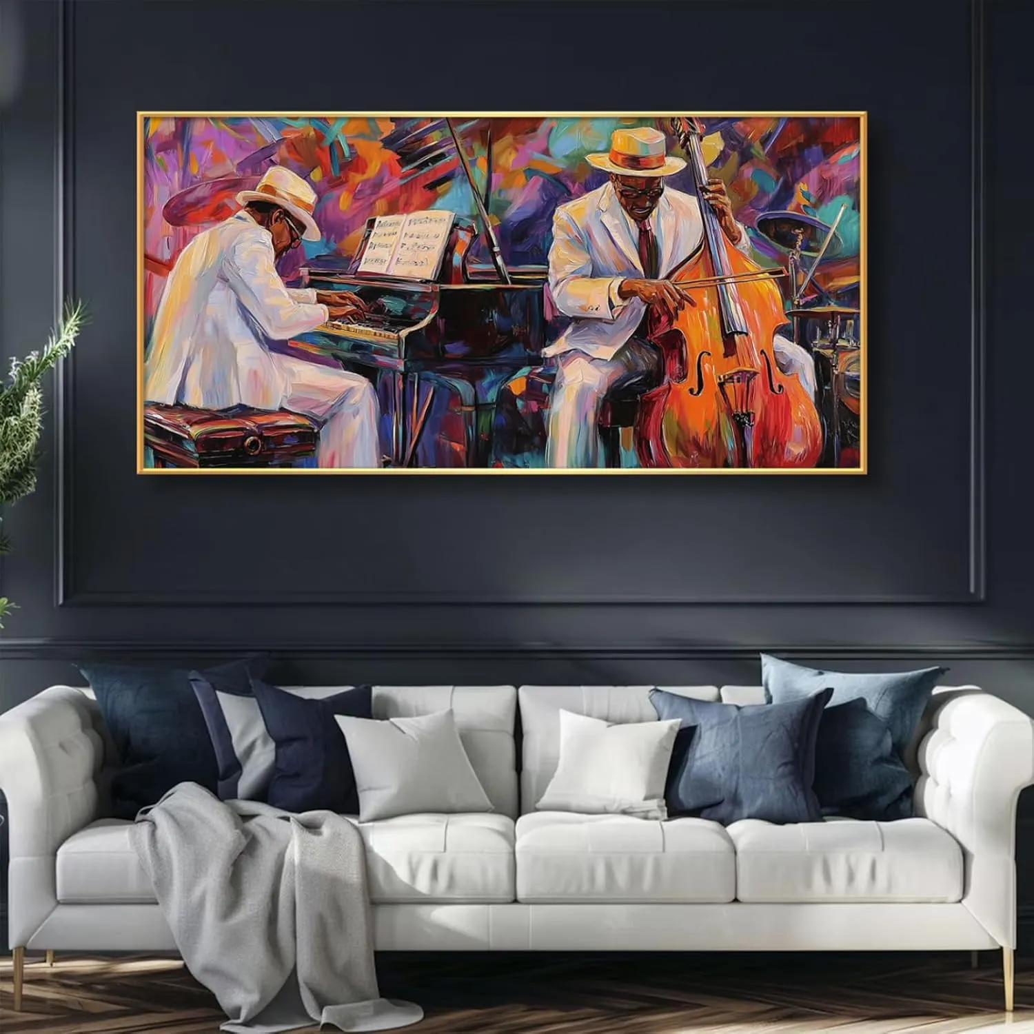 Jazz Canvas Wall Art, Abstract African Jazz Art Canvas Wall Art, Jazz Poster Canvas Print, Canvas Art Music, Jazz Club Painting, Big Canvas Wall Art Music, Music Wall Art, Music Artist Wall Decor (Gold Metal Framed, 62"x 31"| 160x80cm)