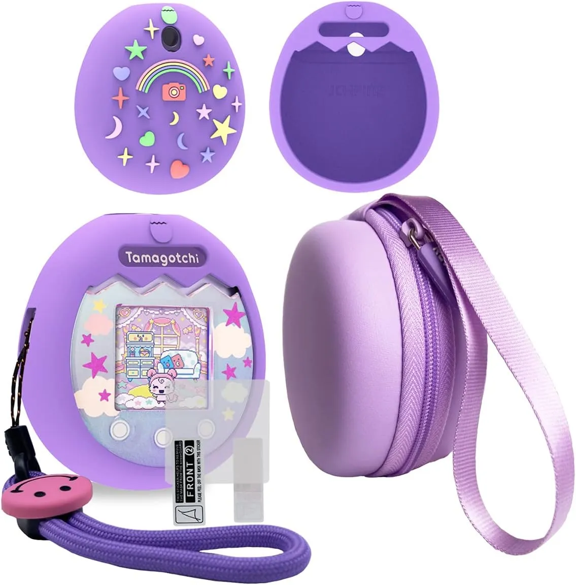 JCHPINE Hard Carrying Case and Silicone Cover Compatible with Tamagotchi Pix Interactive Virtual Pet Game Machine, Screen Film Protector for Tamagotchi Pix Accessories (Purple)