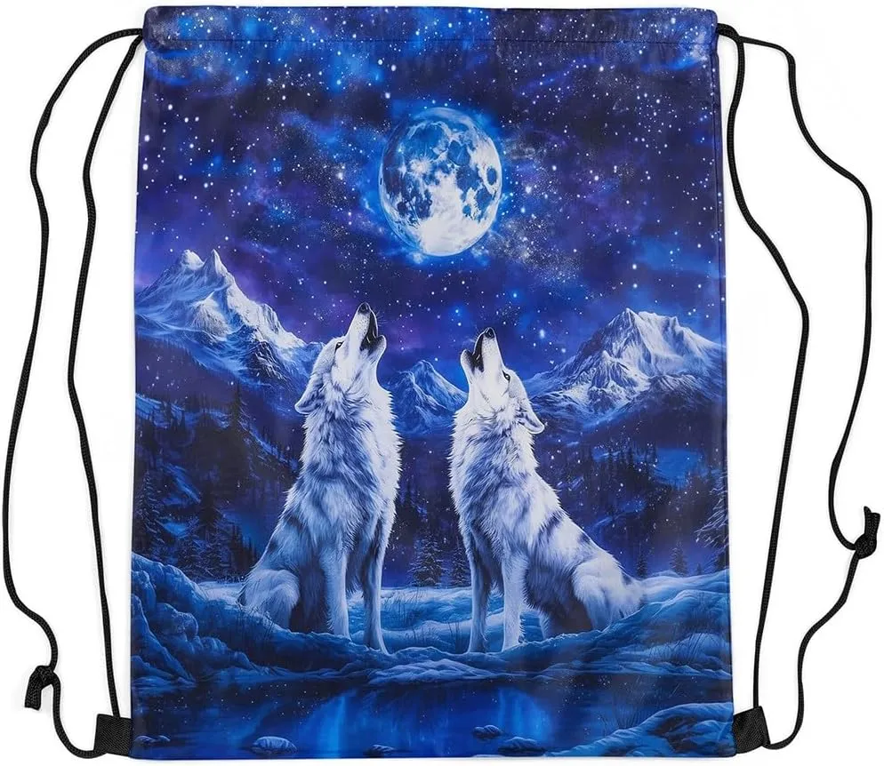 jejeloiu Wolf Drawstring Backpack 13"x15.7" Wolves Howling Drawstring Bags Animal Wolves Sports Drawstring Sackpack Mountain Moon Wolf Waterproof Cinch Bag Room Royal Blue Decor