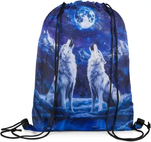 jejeloiu Wolf Drawstring Backpack 13"x15.7" Wolves Howling Drawstring Bags Animal Wolves Sports Drawstring Sackpack Mountain Moon Wolf Waterproof Cinch Bag Room Royal Blue Decor