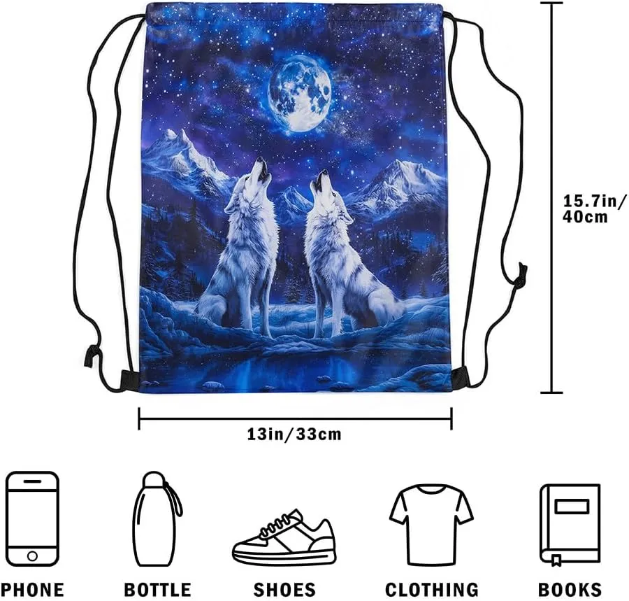 jejeloiu Wolf Drawstring Backpack 13"x15.7" Wolves Howling Drawstring Bags Animal Wolves Sports Drawstring Sackpack Mountain Moon Wolf Waterproof Cinch Bag Room Royal Blue Decor