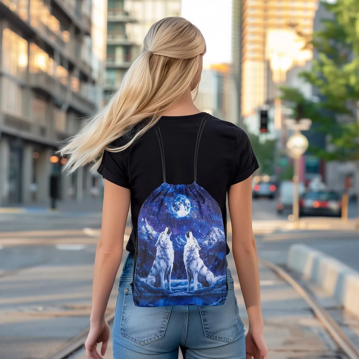 jejeloiu Wolf Drawstring Backpack 13"x15.7" Wolves Howling Drawstring Bags Animal Wolves Sports Drawstring Sackpack Mountain Moon Wolf Waterproof Cinch Bag Room Royal Blue Decor