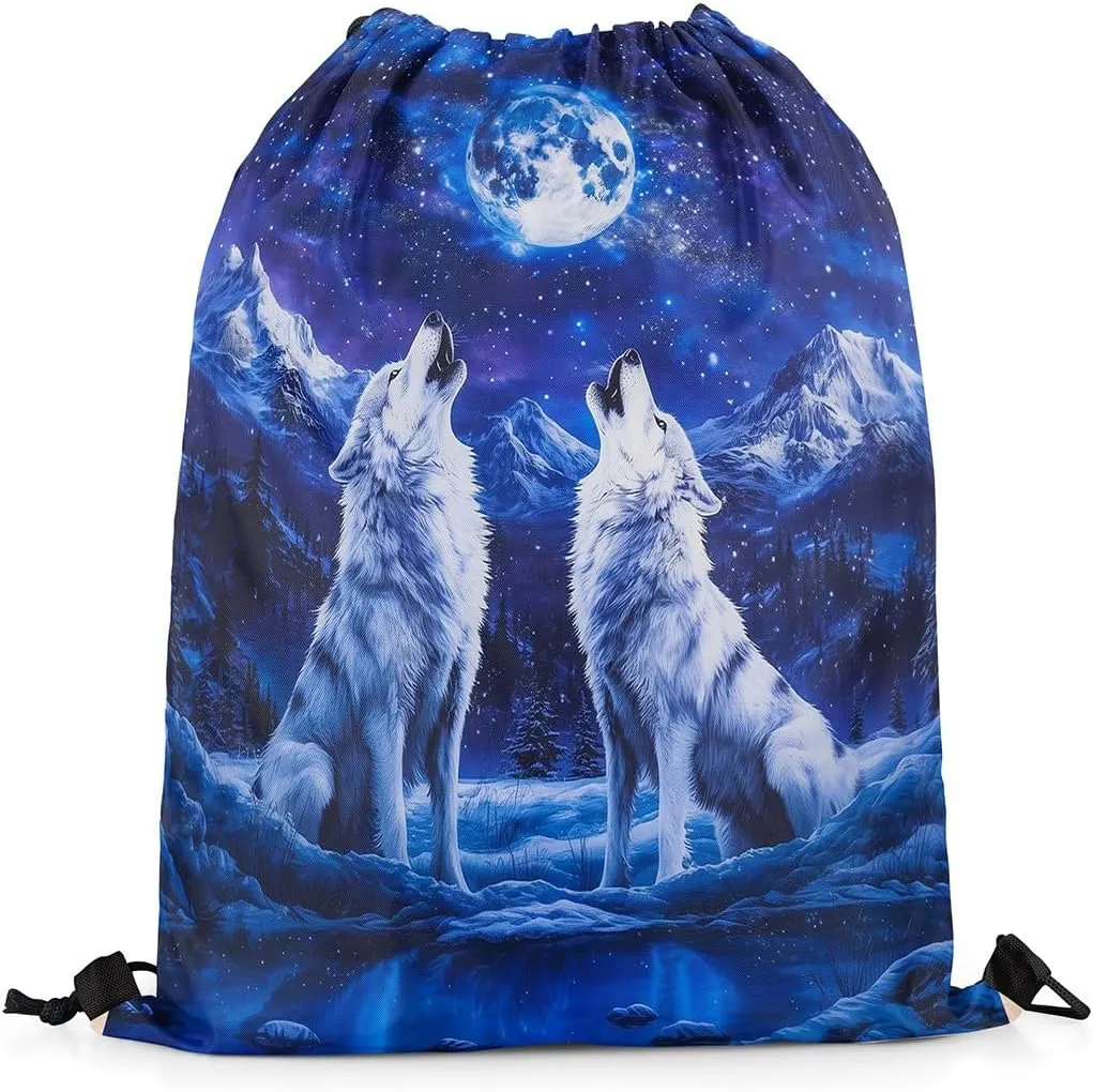 jejeloiu Wolf Drawstring Backpack 13"x15.7" Wolves Howling Drawstring Bags Animal Wolves Sports Drawstring Sackpack Mountain Moon Wolf Waterproof Cinch Bag Room Royal Blue Decor