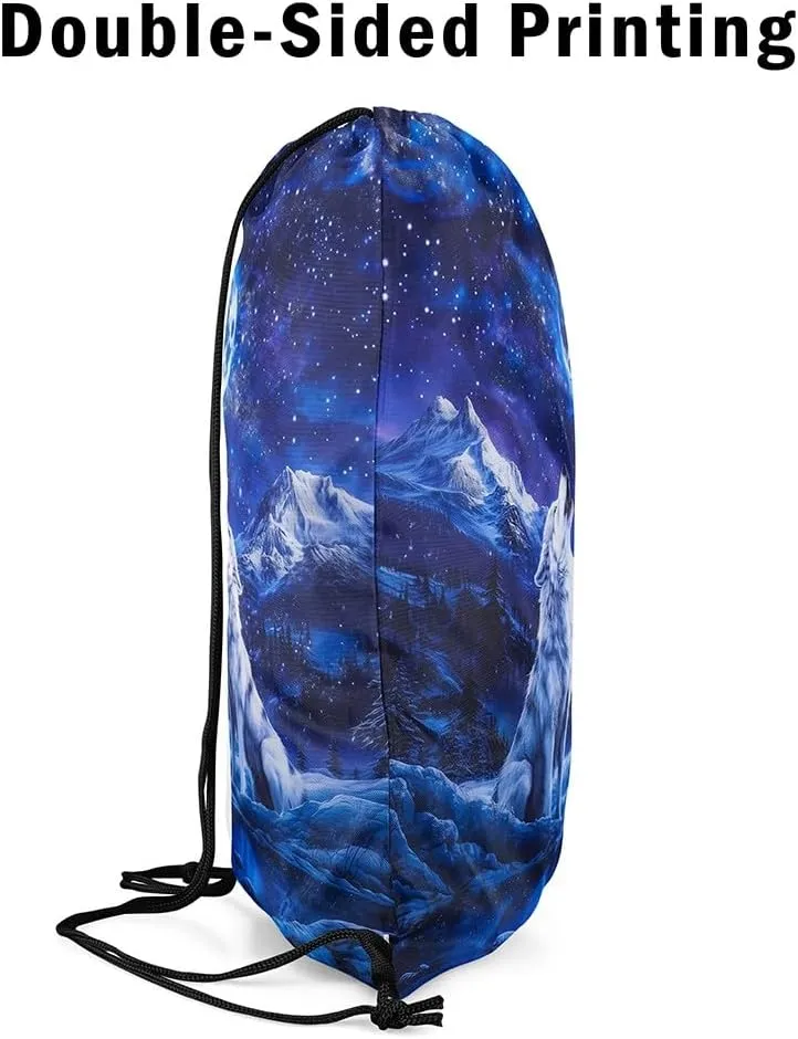 jejeloiu Wolf Drawstring Backpack 13"x15.7" Wolves Howling Drawstring Bags Animal Wolves Sports Drawstring Sackpack Mountain Moon Wolf Waterproof Cinch Bag Room Royal Blue Decor