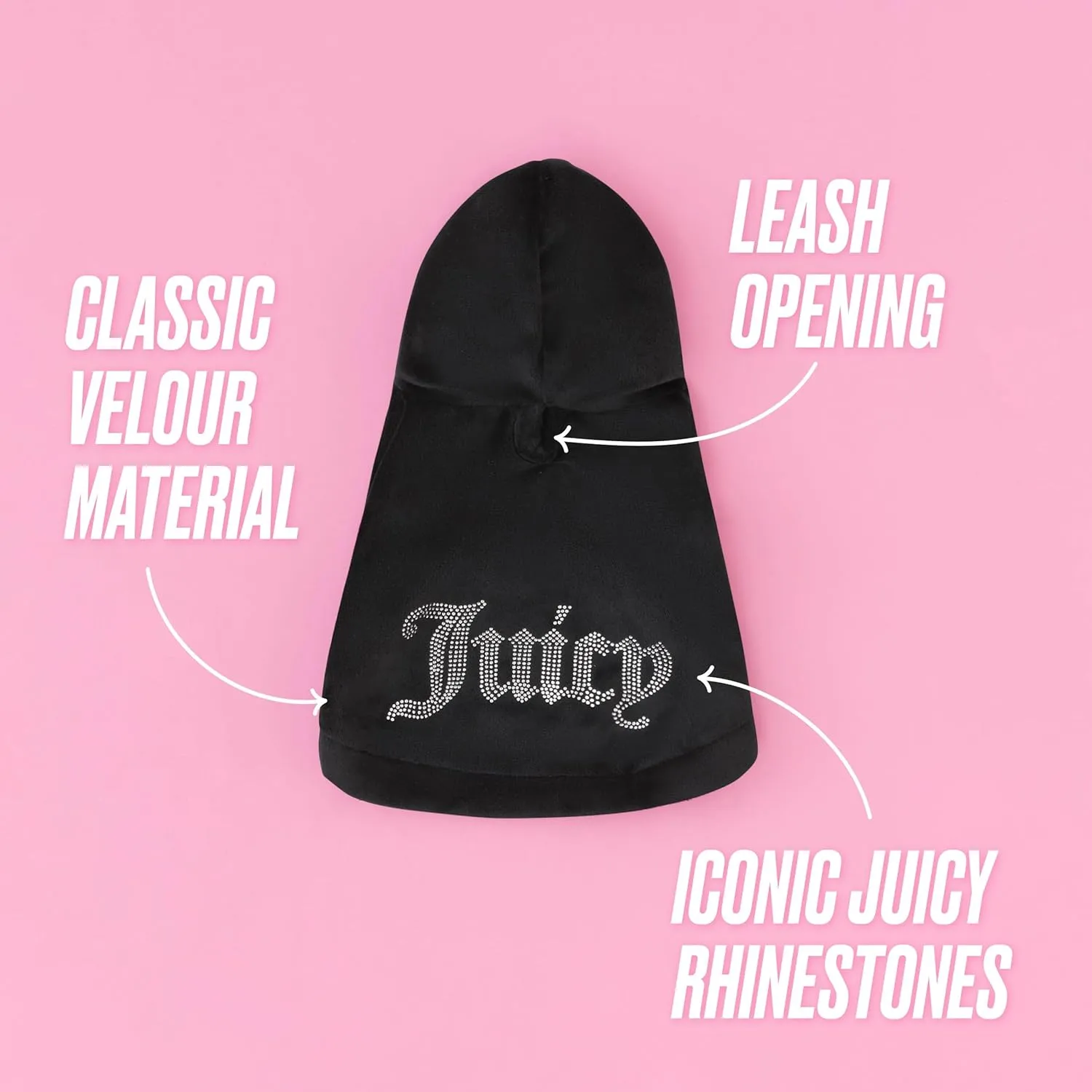 Juicy Couture Bling Velour Pet Hoodie - Black - XS/S (2-7 lbs.) - Pet Hoodies for Small Dogs or Cats