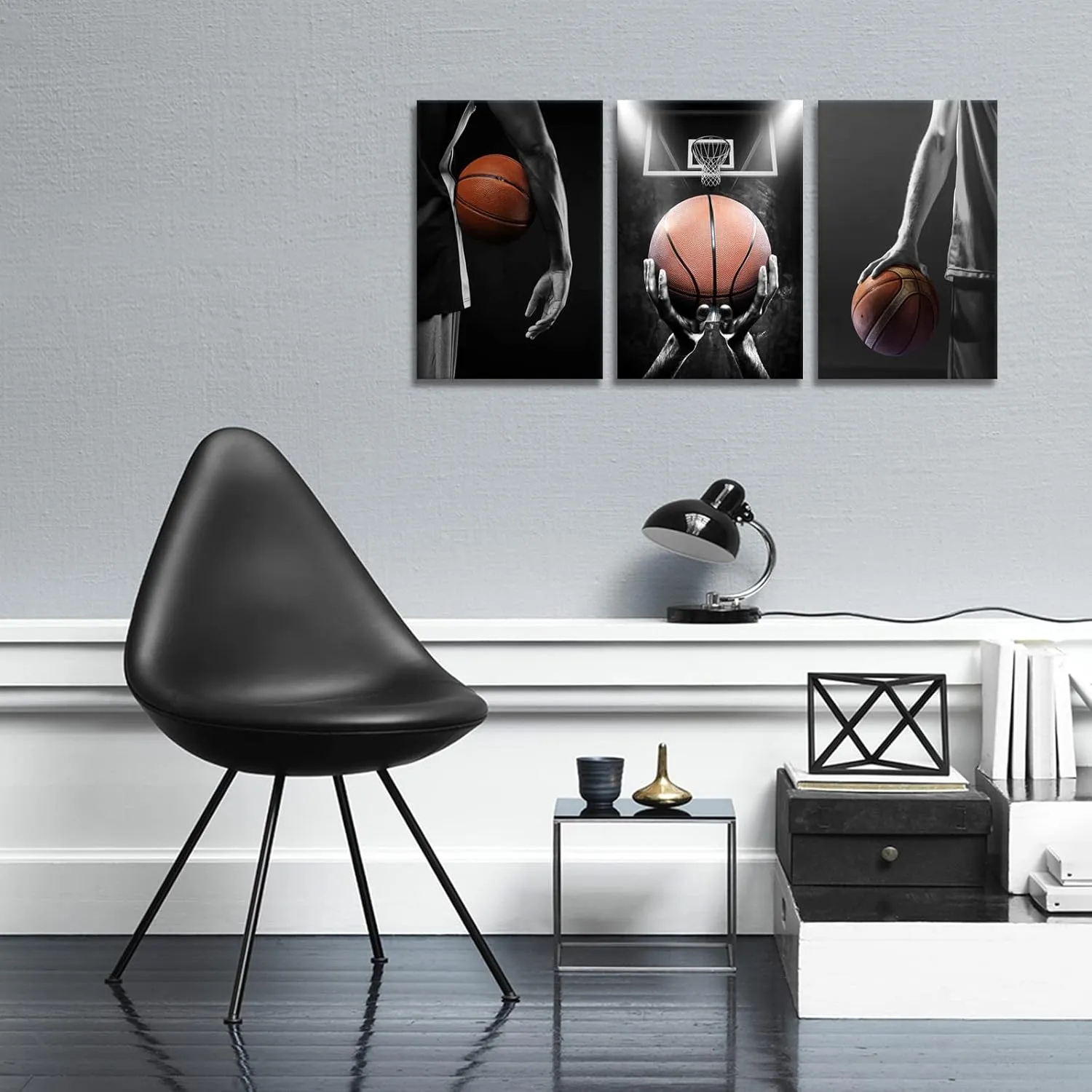KAWAHONE -3 Pieces Basketball Art Prints Black and White Wall Art Antique Basketball and Low Angle View Basketball Hoop Sport Canvas Art for Bedroom Gym Room Decoration Boys Gift Framed-12x16inx3pc